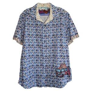 Robert Graham Floral VW Bus Button Down Short Sleeve Shirt Size Large EUC